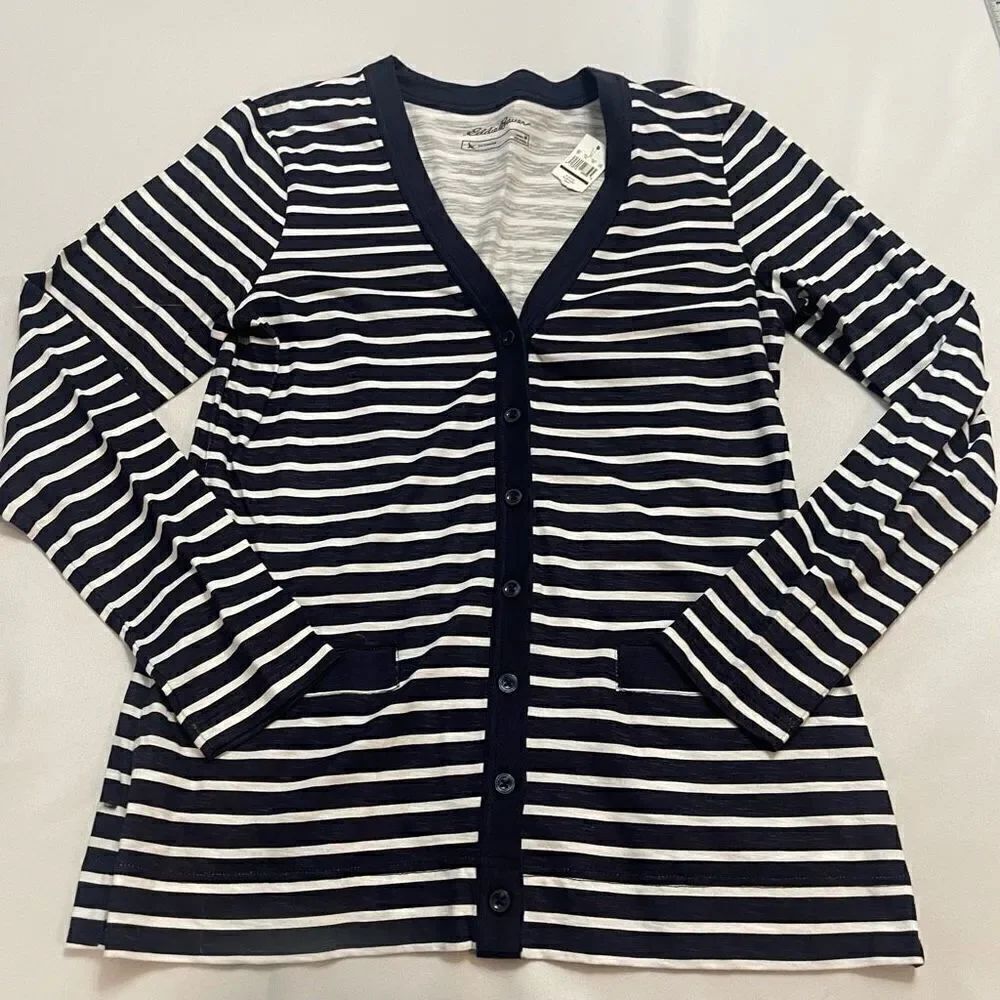 NWT Eddie Bauer Navy Blue White Stripe Button Up Shirt Cardigan Size Medium New